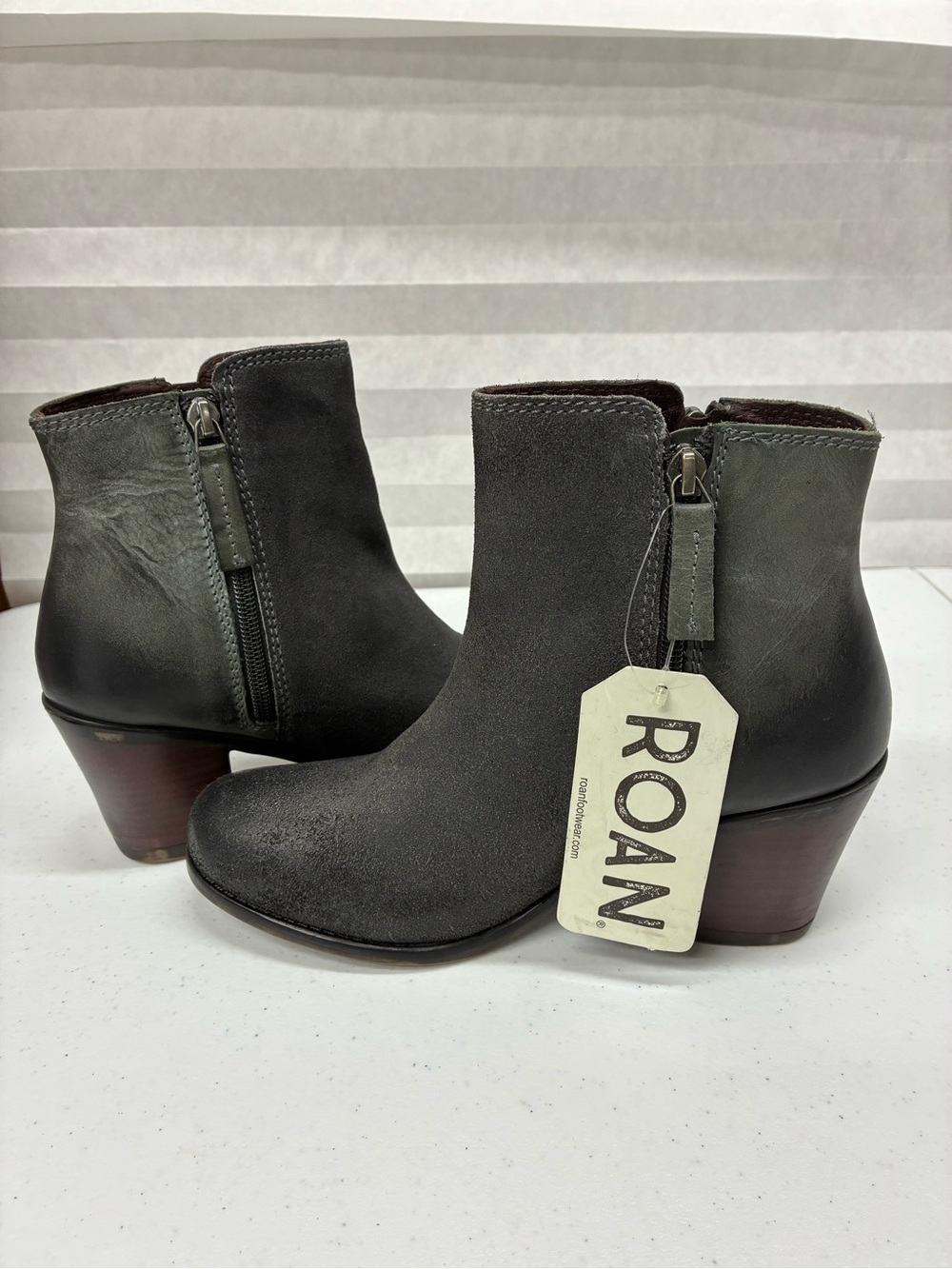 Roan Lina boots womens 7.5 black gray tones ankle side zip classic new with tags